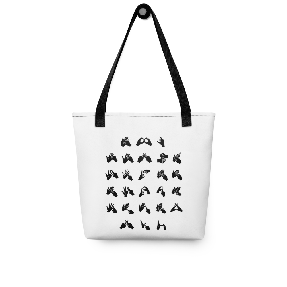 White Tote Bag with a black handle showing BSL Alphabet - Black Fingerspelling & Text