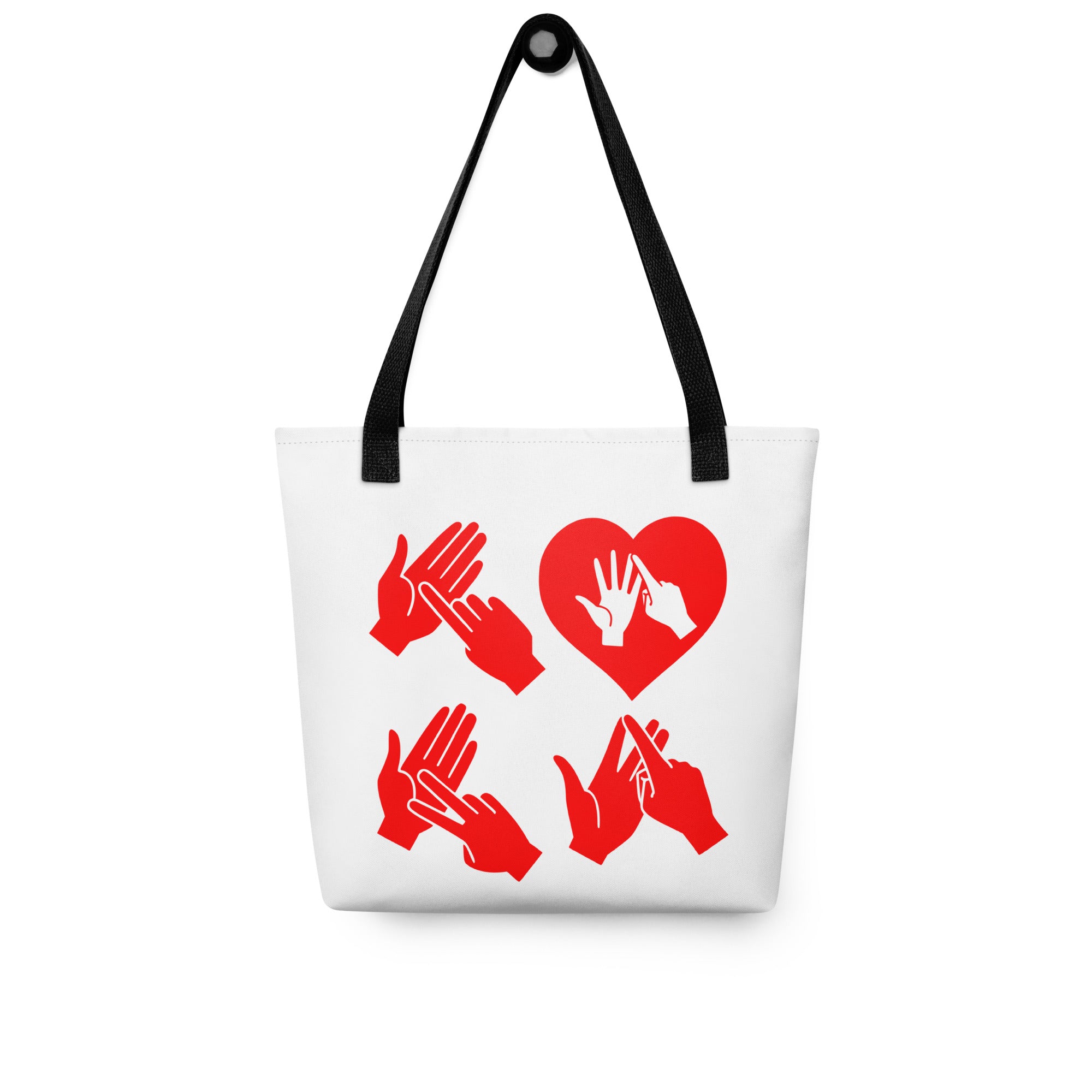 White Tote Bag with black handle showing the word Love in red BSL Fingerspelling with the 'O' embedded in a heart shape