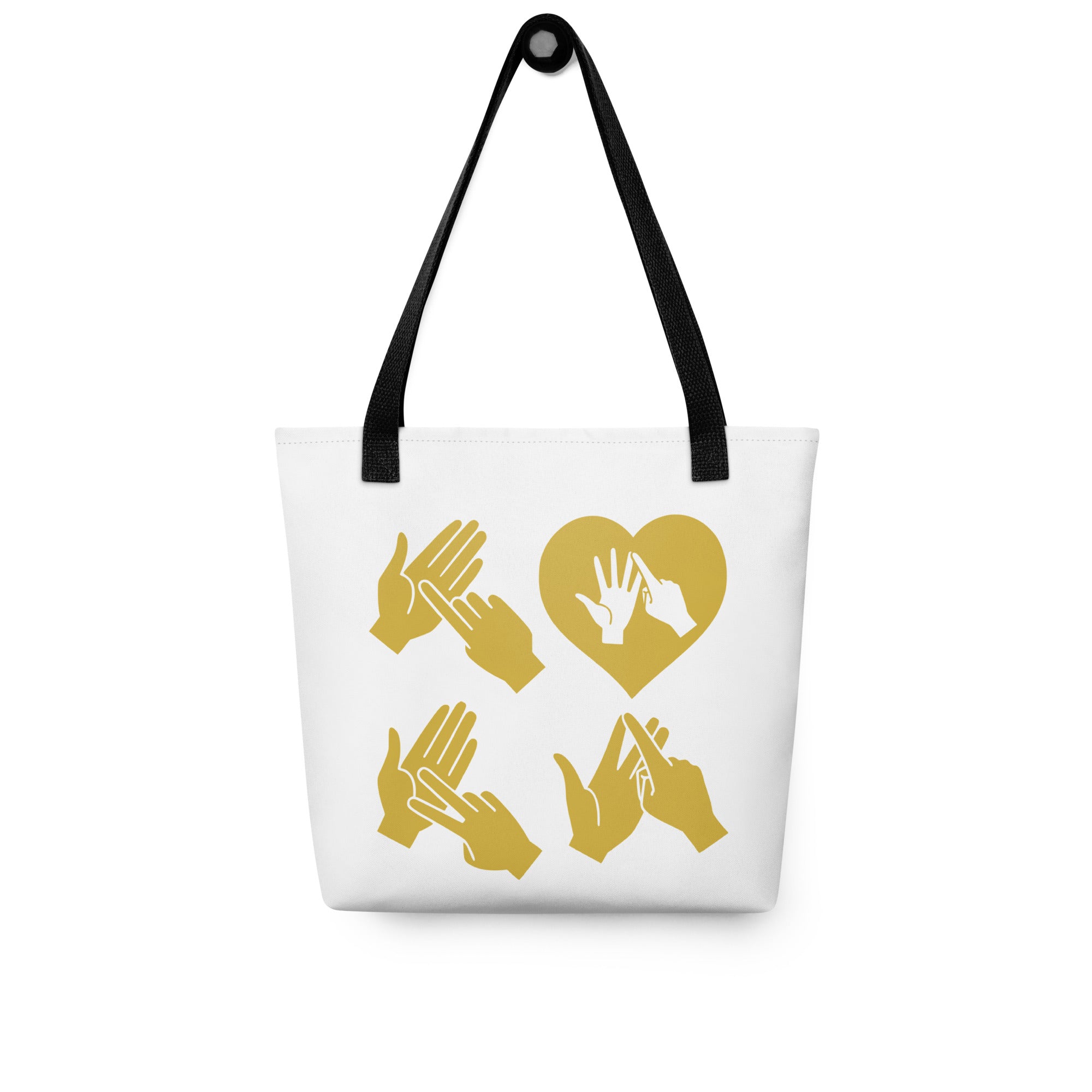 White Tote Bag with black handle showing the word Love in black BSL Fingerspelling with the 'O' embedded in a heart shape