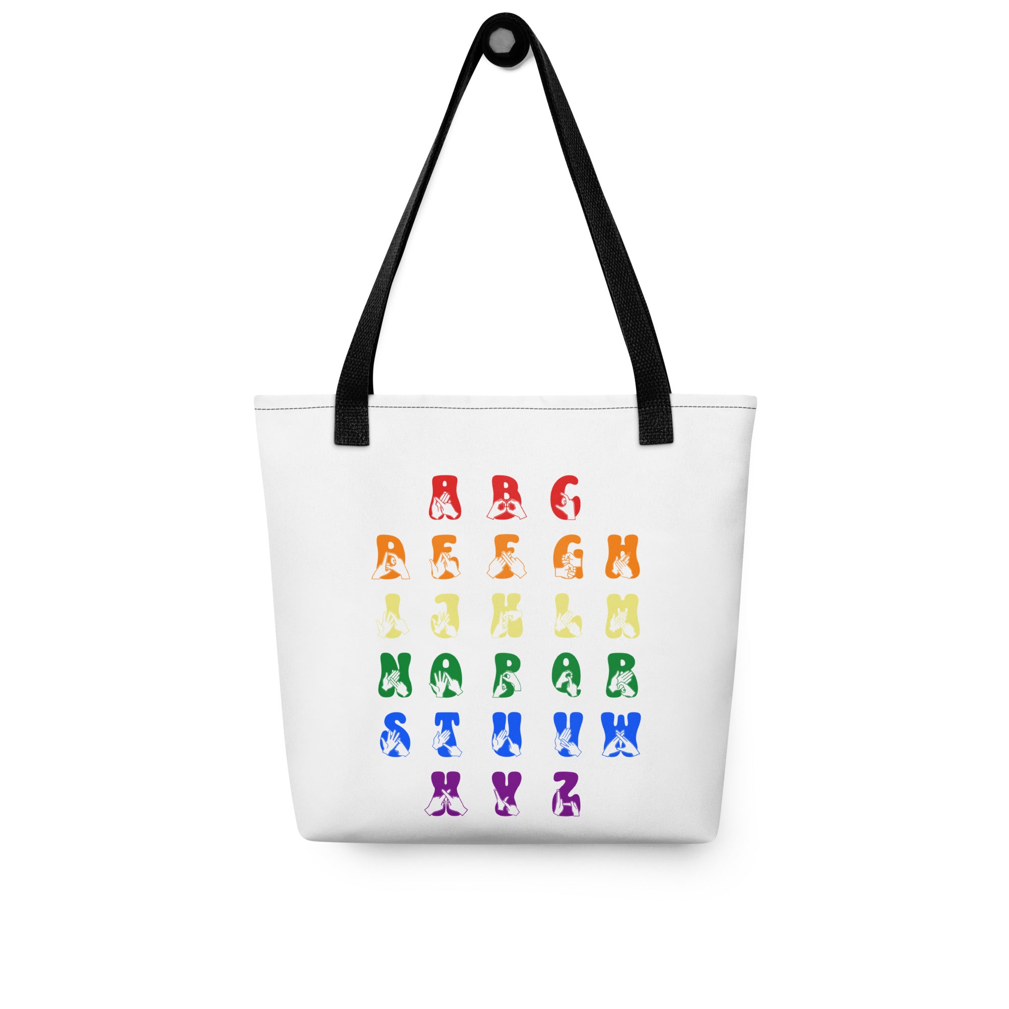 White Tote Bag with black handles showing the BSL Alphabet - Pride Fingerspelling & Text