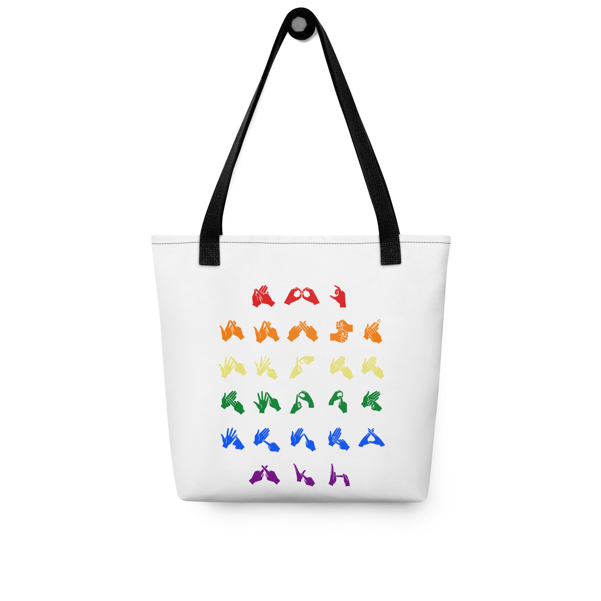 White Tote Bag with black handles showing the BSL Alphabet - Pride Fingerspelling