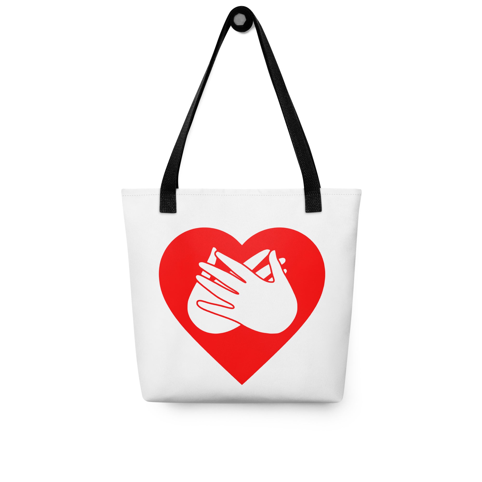 Tote bag with a black handle and a red heart with the BSL love sign at its centre.