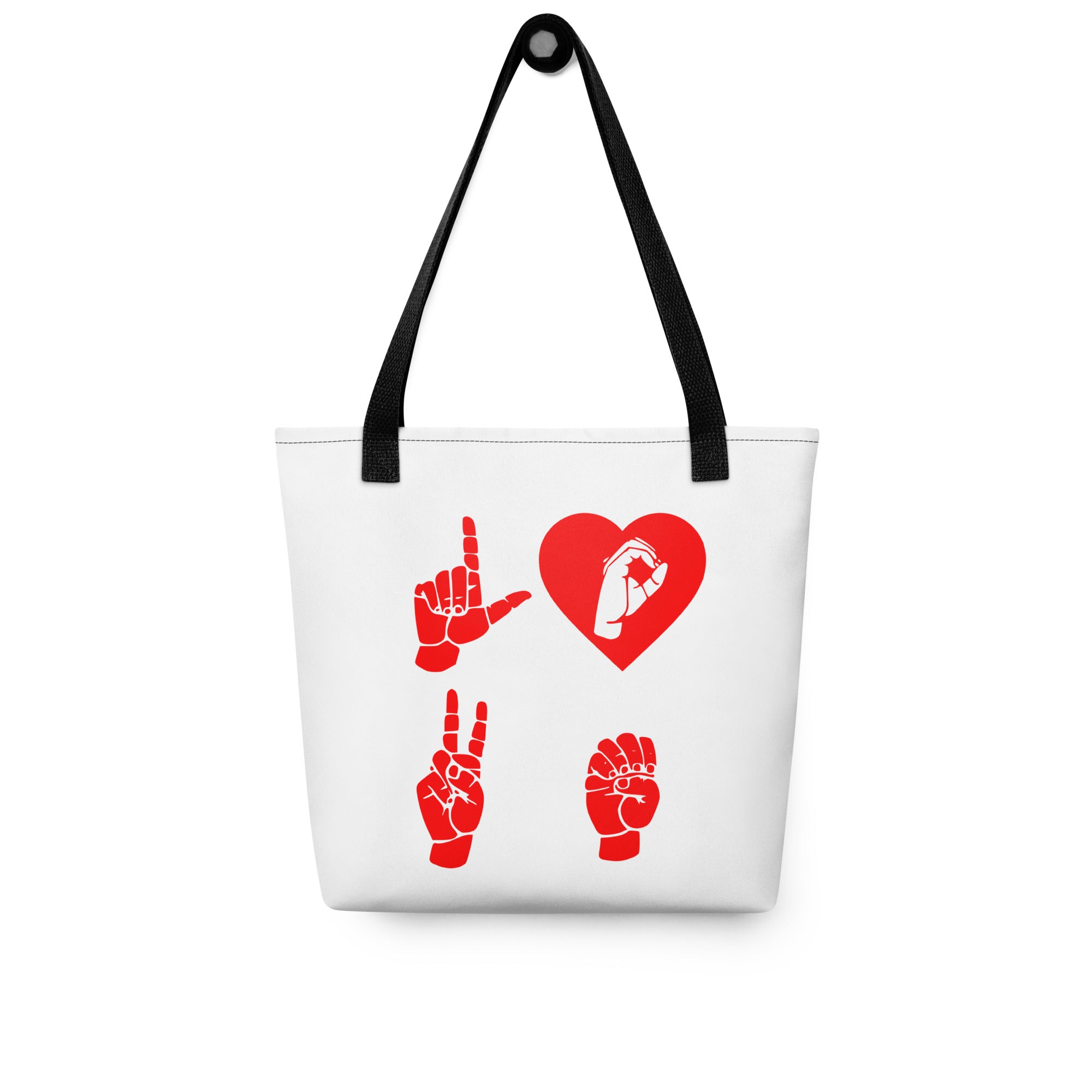 White Tote Bag with black handle showing the word Love in red ASL Fingerspelling with the 'O' embedded in a heart shape