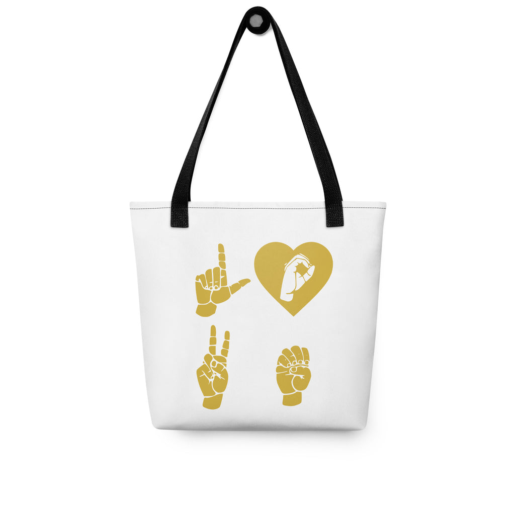 White Tote Bag with black handle showing the word Love in black ASL Fingerspelling with the 'O' embedded in a heart shape