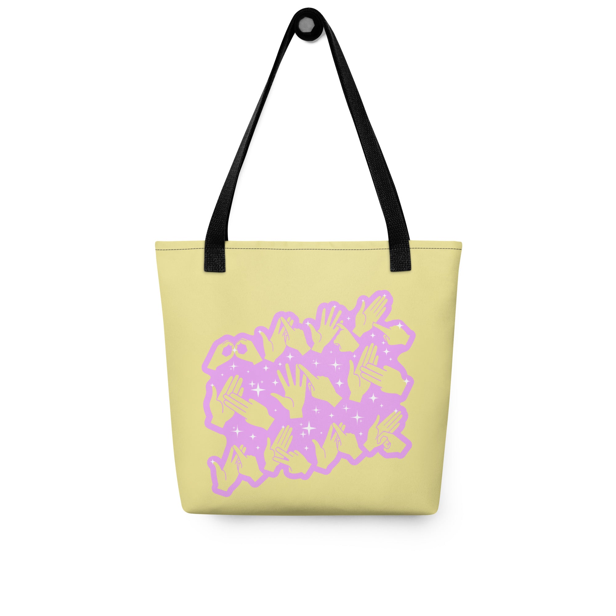 Front view of a Tote Bag with a black handle showing a Best Mum Ever BSL fingerspelling design
