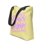 Side view of a Tote Bag with a black handle showing a Best Mom Ever BSL fingerspelling design