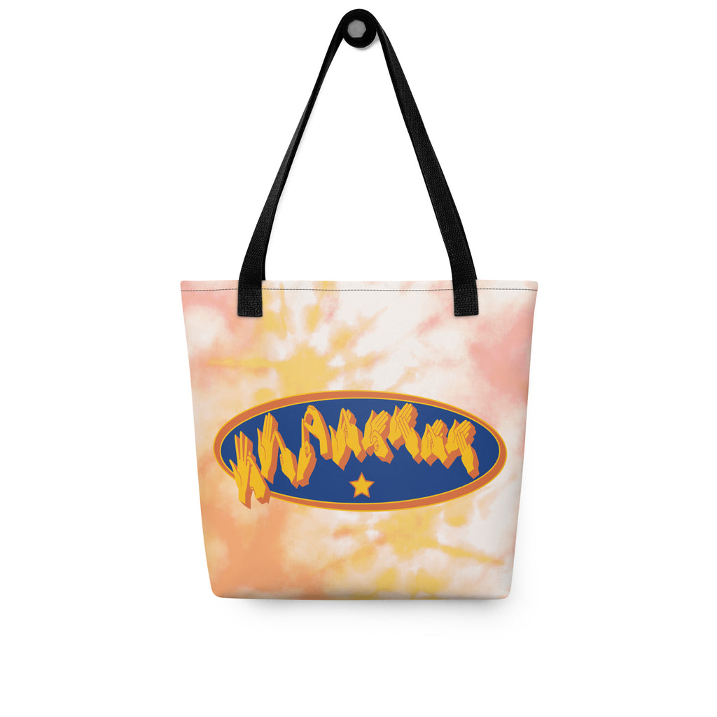 Front view of a Tote Bag with a black handle showing a Supermam BSL fingerspelling design