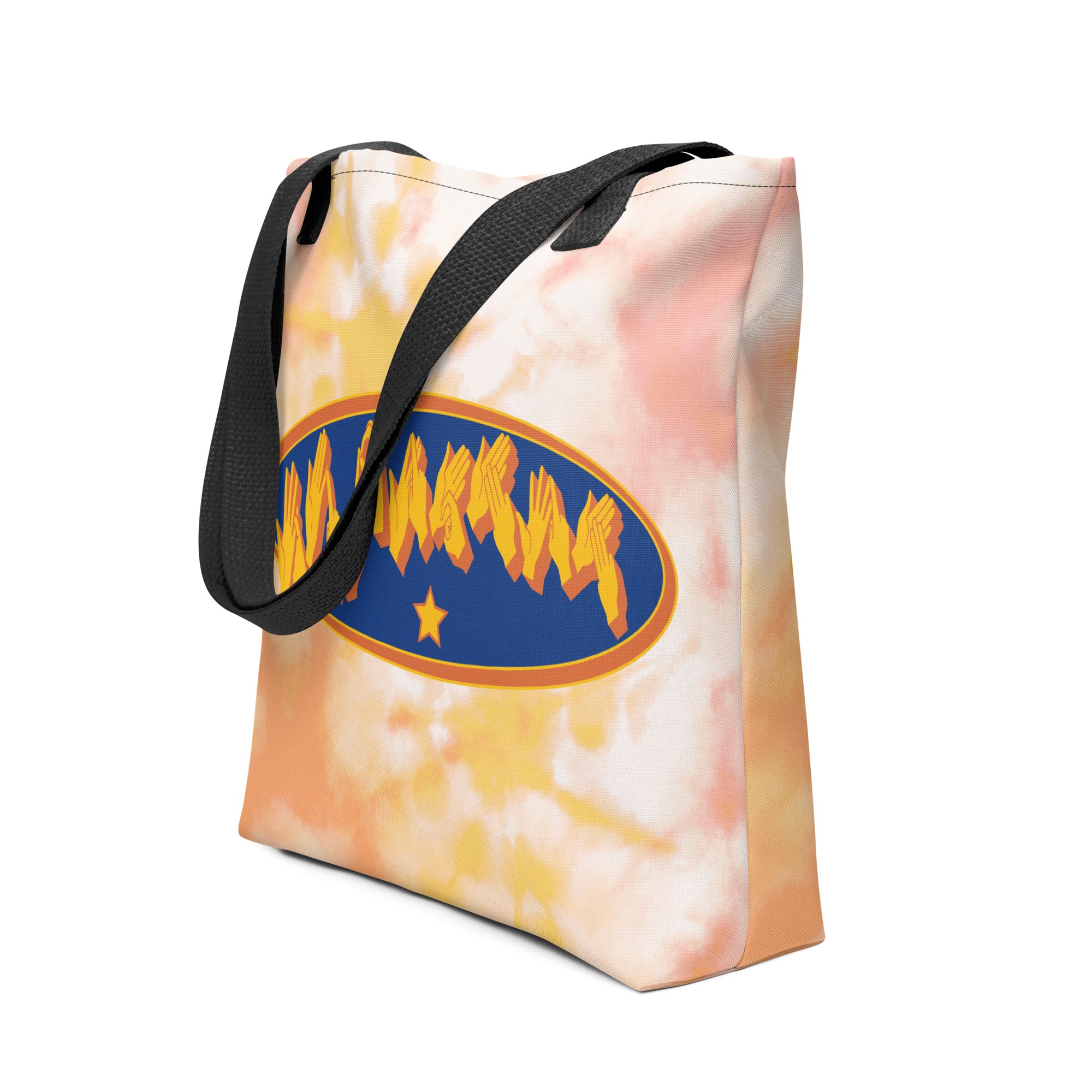 Side view of a Tote Bag with a black handle showing a Supermom BSL fingerspelling design