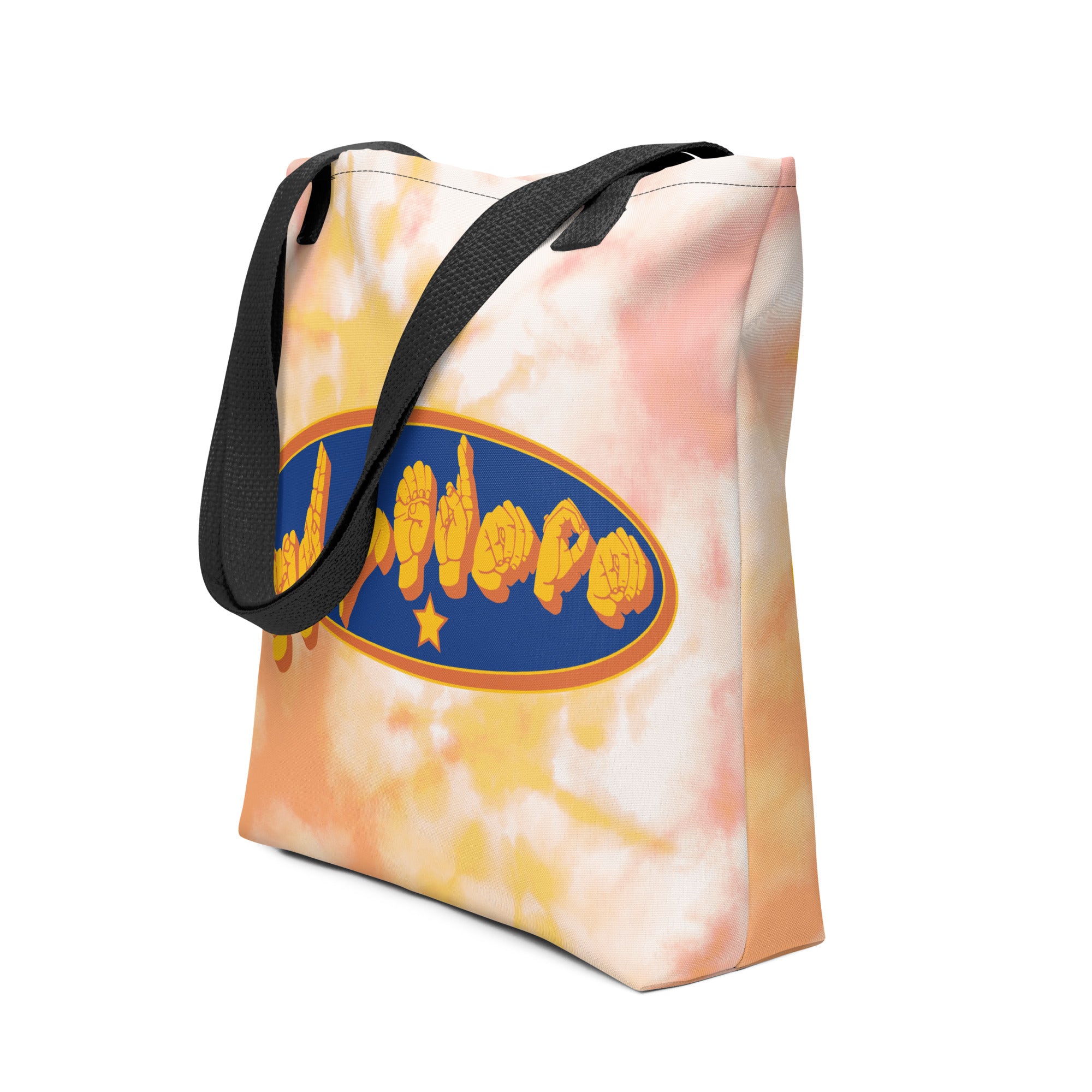 Side view of a Tote Bag with a black handle showing a Supermom ASL fingerspelling design