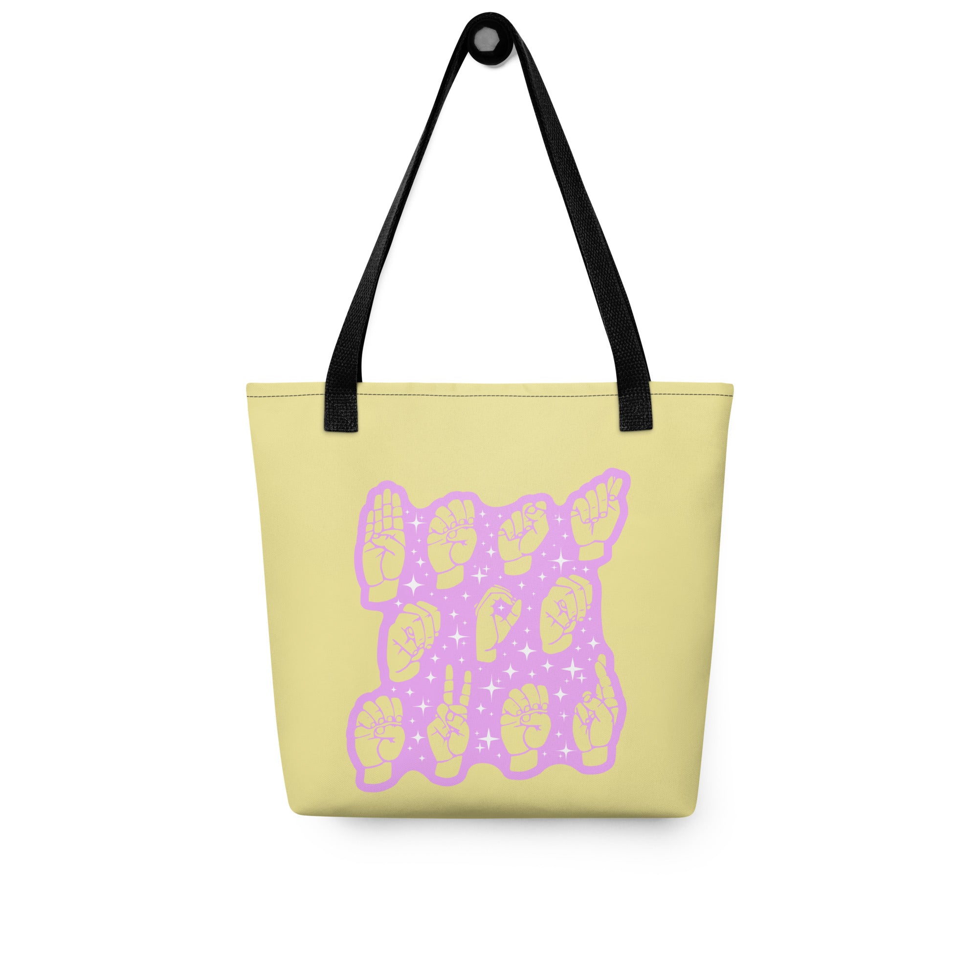 Front view of a Tote Bag with a black handle showing a Best Mom Ever ASL fingerspelling design