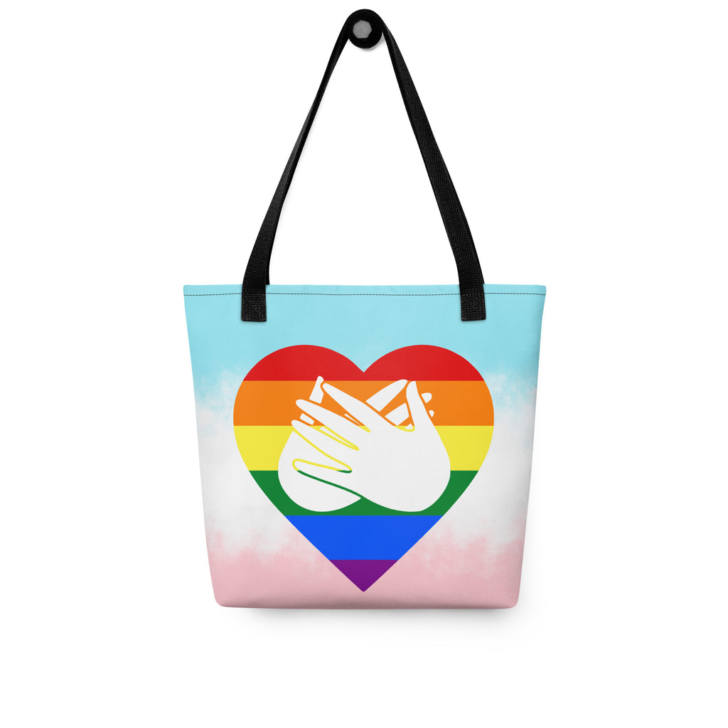 Tote bag with a black handle and a pride heart with the BSL love sign at its centre.