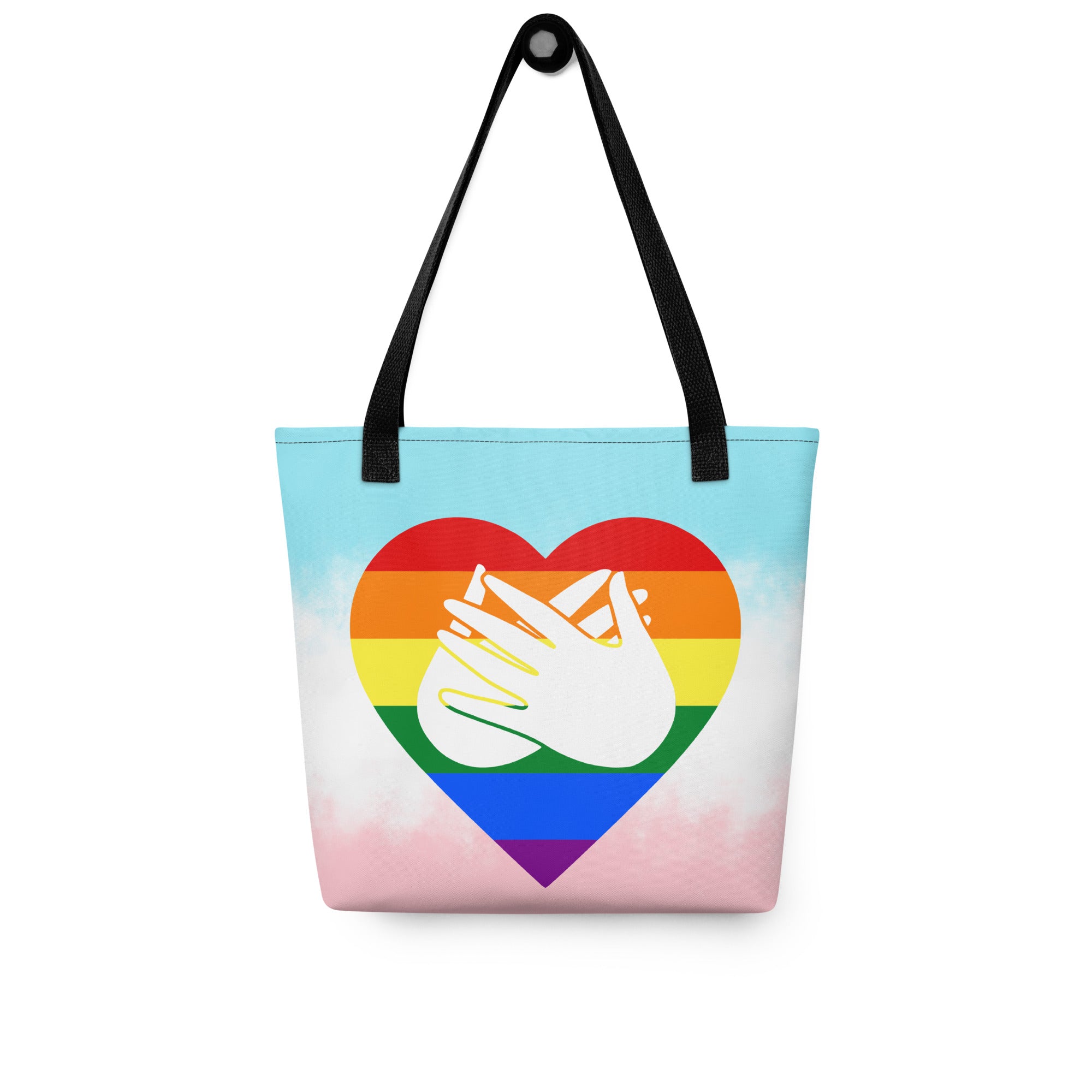 Tote bag with a black handle and a pride heart with the BSL love sign at its centre.