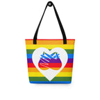 Pride rainbow coloured tote bag with a black handle and a white heart with the BSL love sign at its centre.