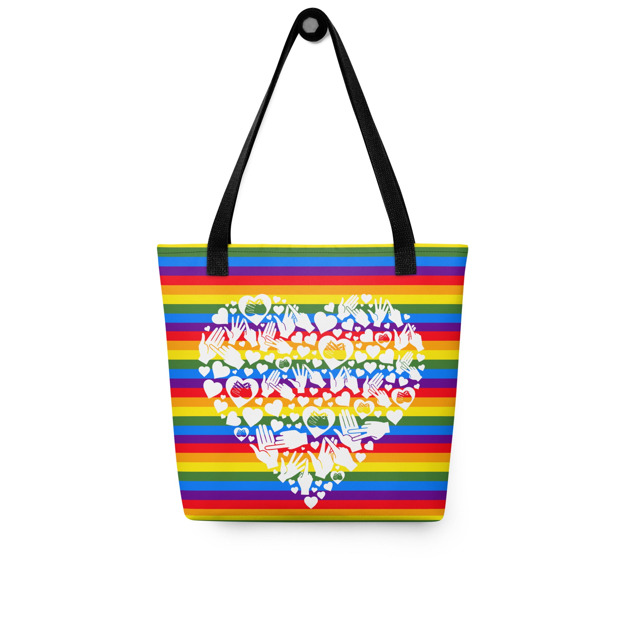 Pride rainbow coloured tote bag with a black handle and a white mosaic design