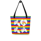 Pride rainbow coloured tote bag with a black handle and a word LOVE white BSL fingerspelling design