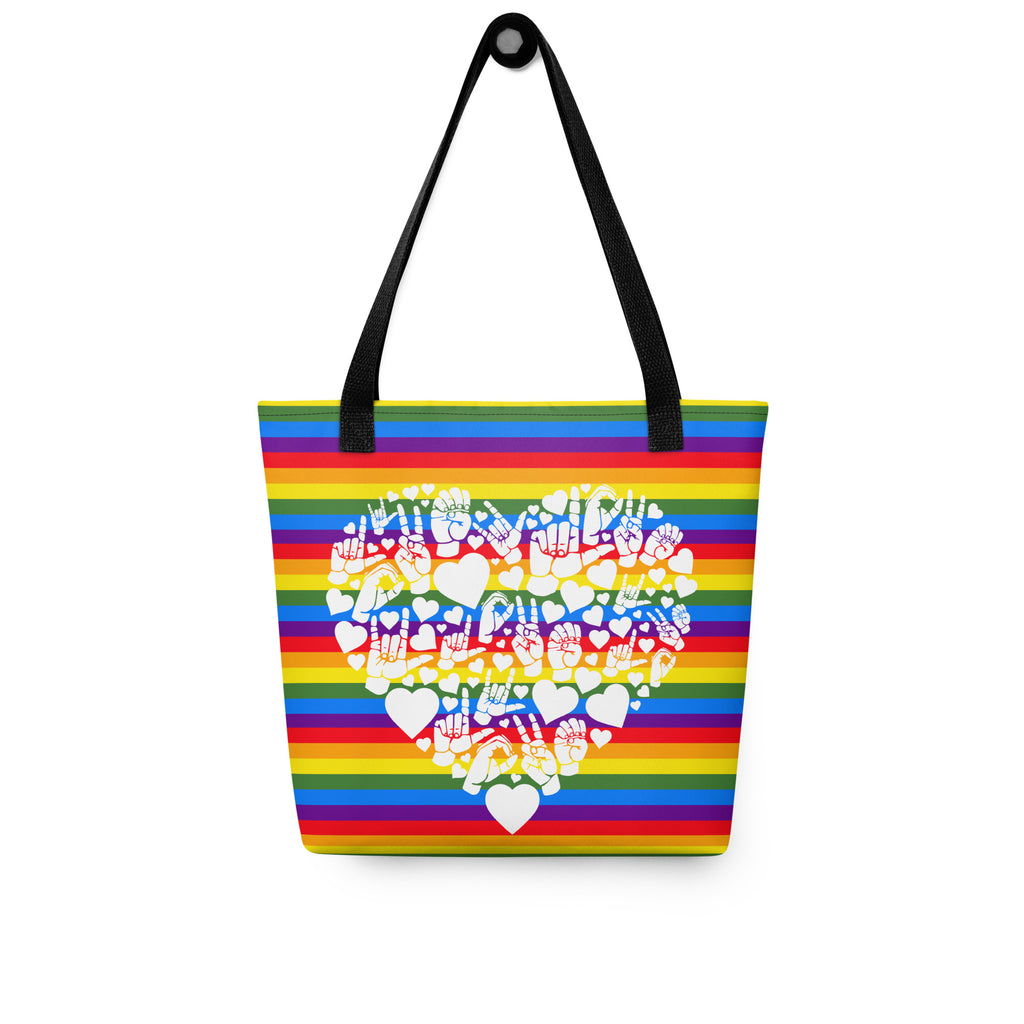 Pride rainbow coloured tote bag with a black handle and a white ASL mosaic design