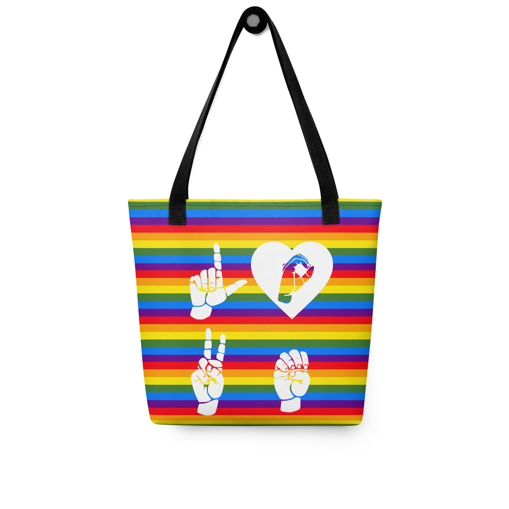 Pride rainbow colored tote bag with a black handle and a word LOVE white ASL fingerspelling design