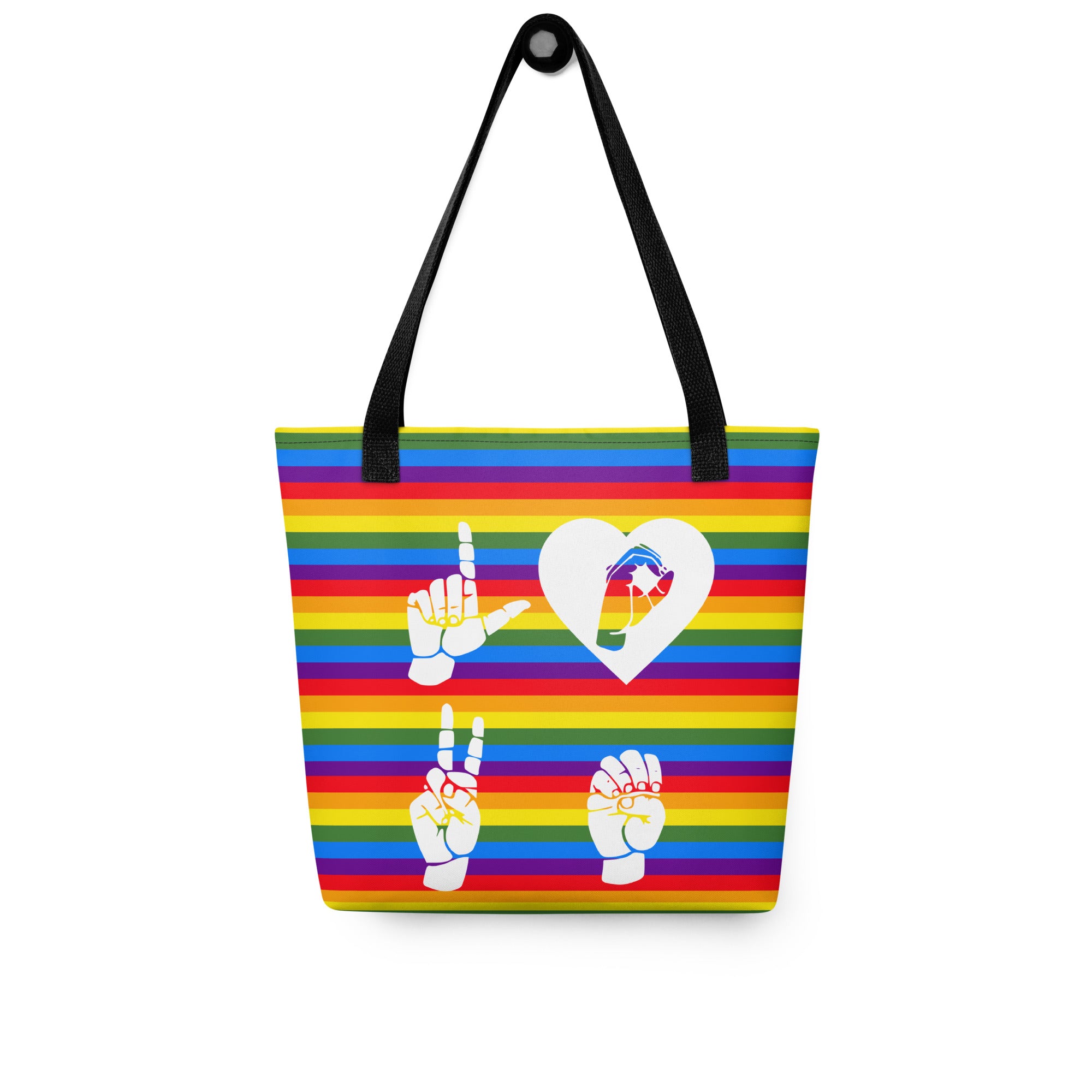 Pride rainbow colored tote bag with a black handle and a word LOVE white ASL fingerspelling design