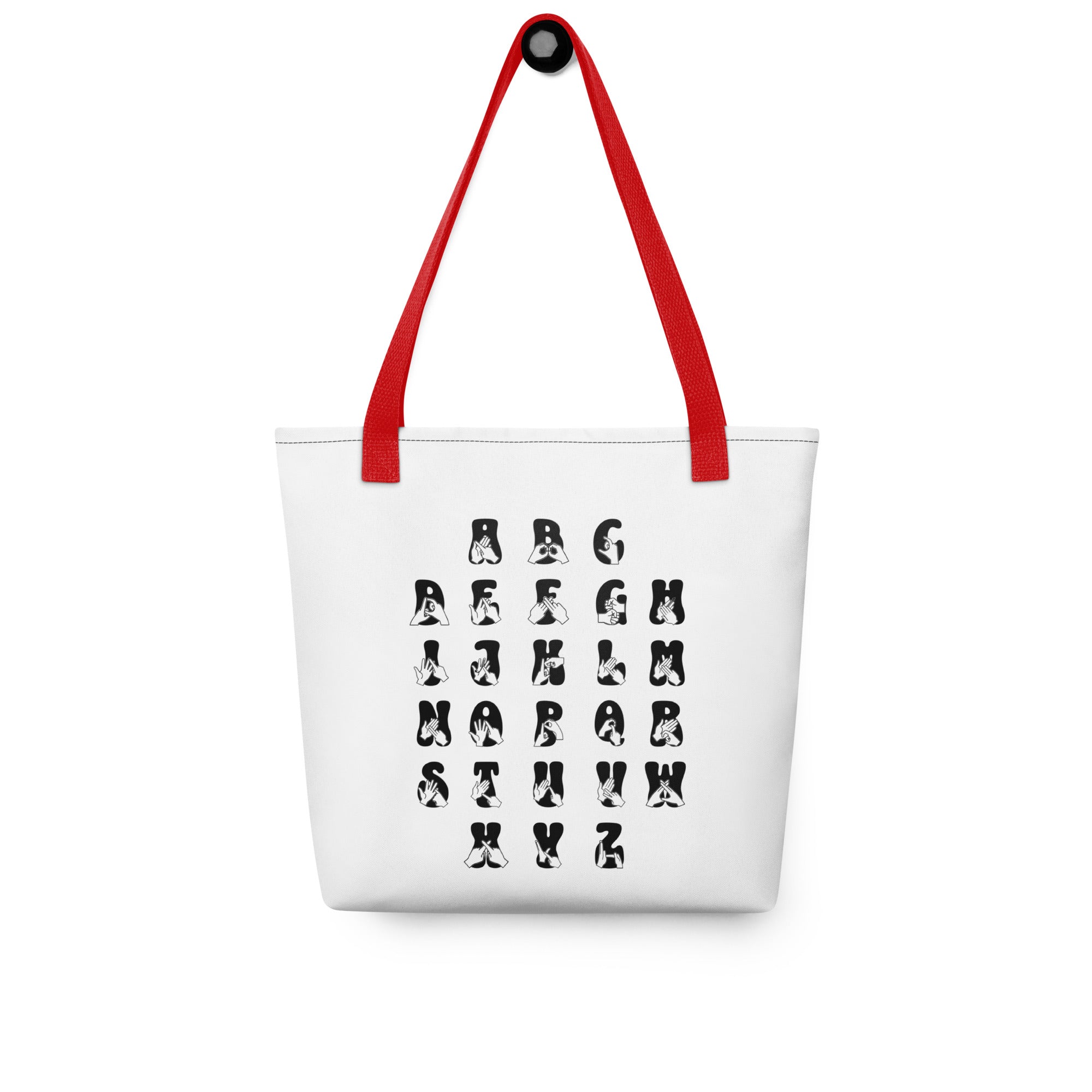 White Tote Bag with a red handle showing BSL Alphabet - Black Fingerspelling & Text
