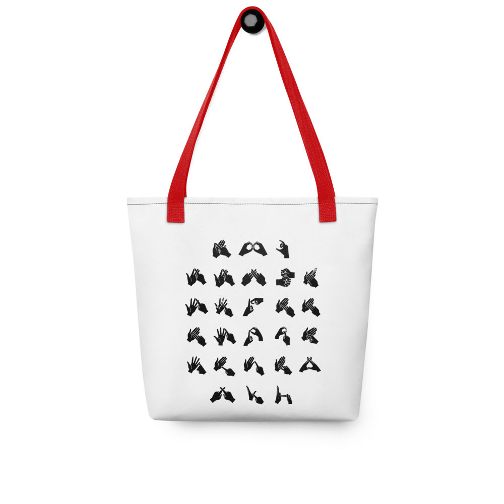 A white Tote Bag with a red handle showing BSL Alphabet - Black Fingerspelling