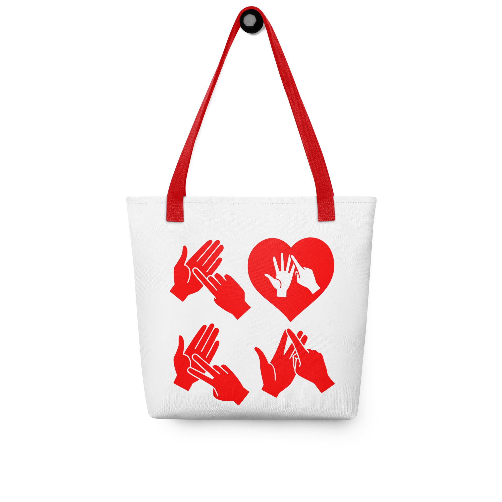 White Tote Bag with red handle showing the word Love in red BSL Fingerspelling with the 'O' embedded in a heart shape