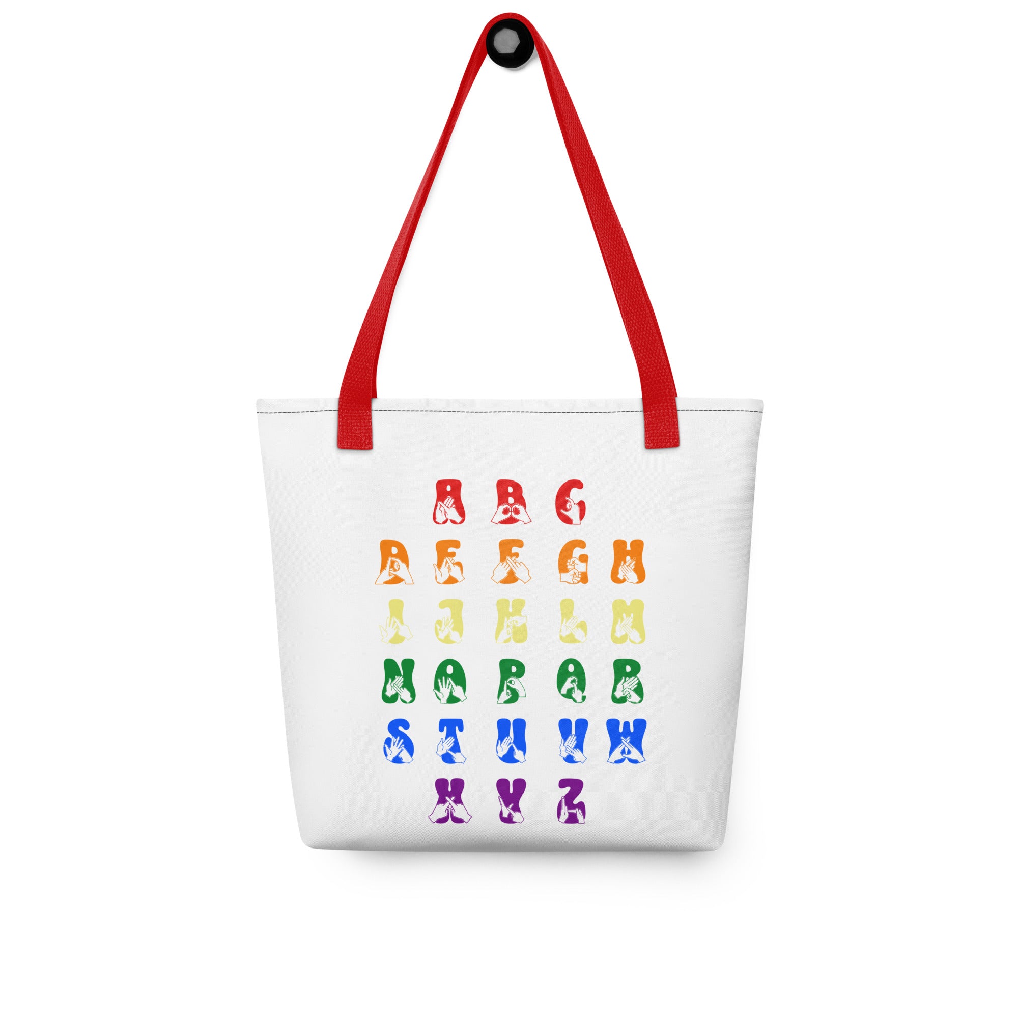 White Tote Bag with red handles showing the BSL Alphabet - Pride Fingerspelling & Text