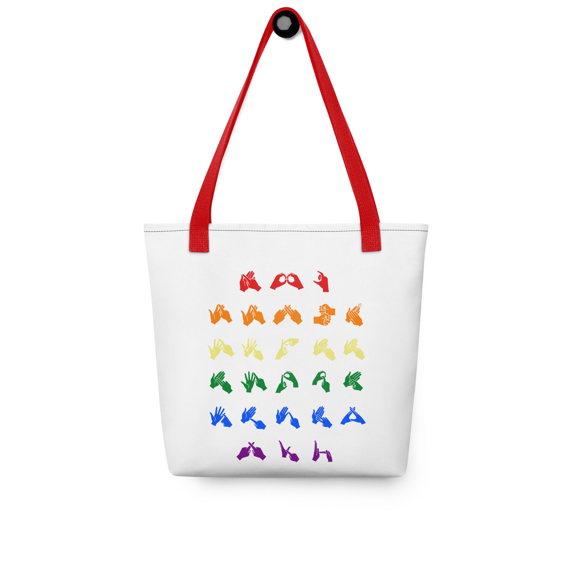 White Tote Bag with red handles showing the BSL Alphabet - Pride Fingerspelling