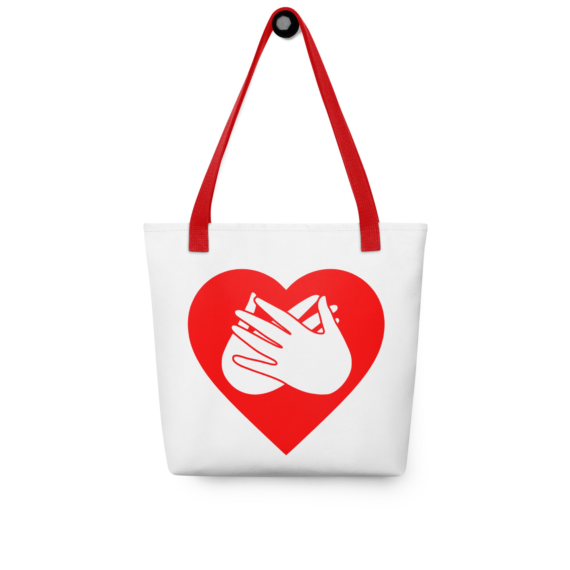 Tote bag with a red handle and a red heart with the BSL love sign at its centre.