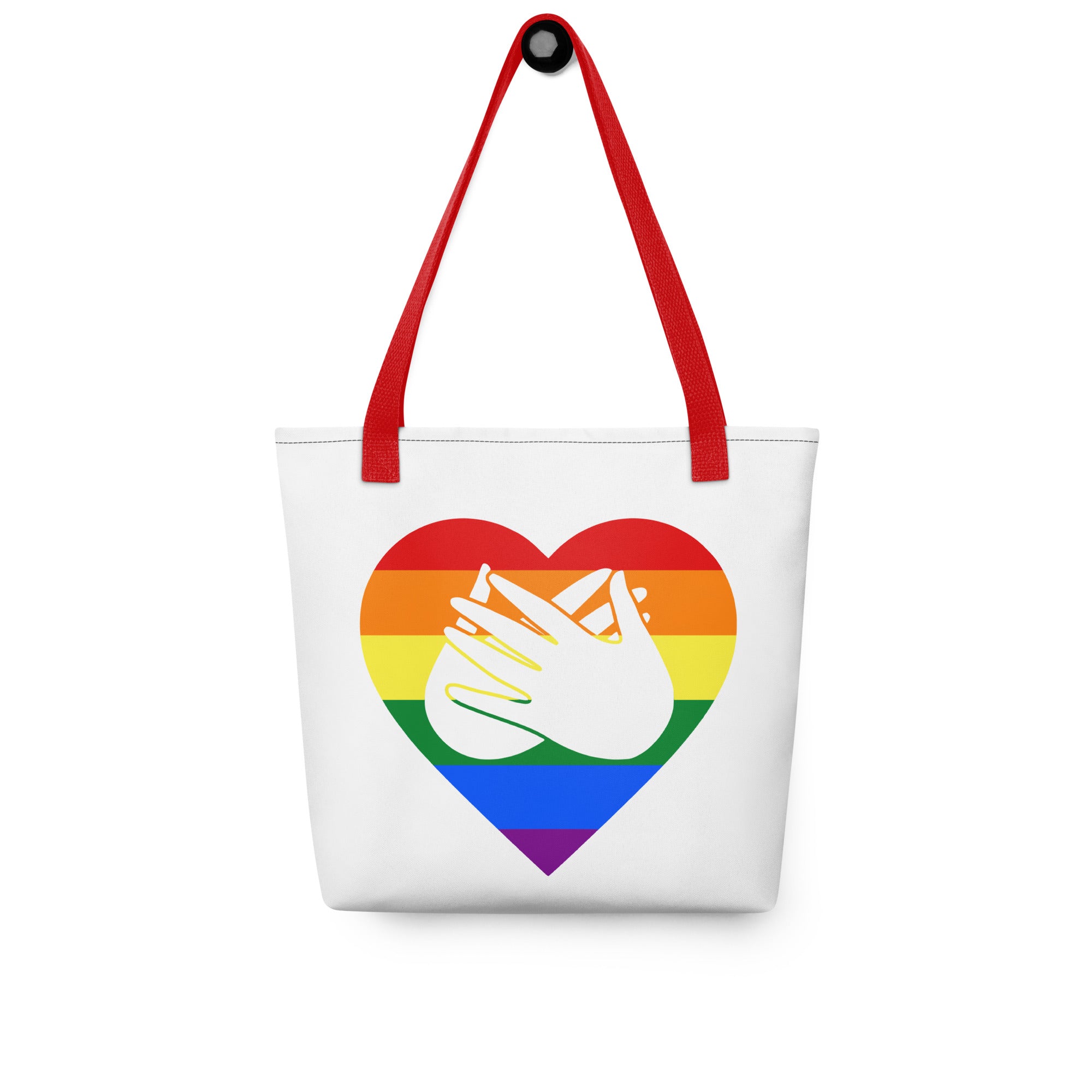 Tote bag with a red handle and a pride heart with the BSL love sign at its centre.