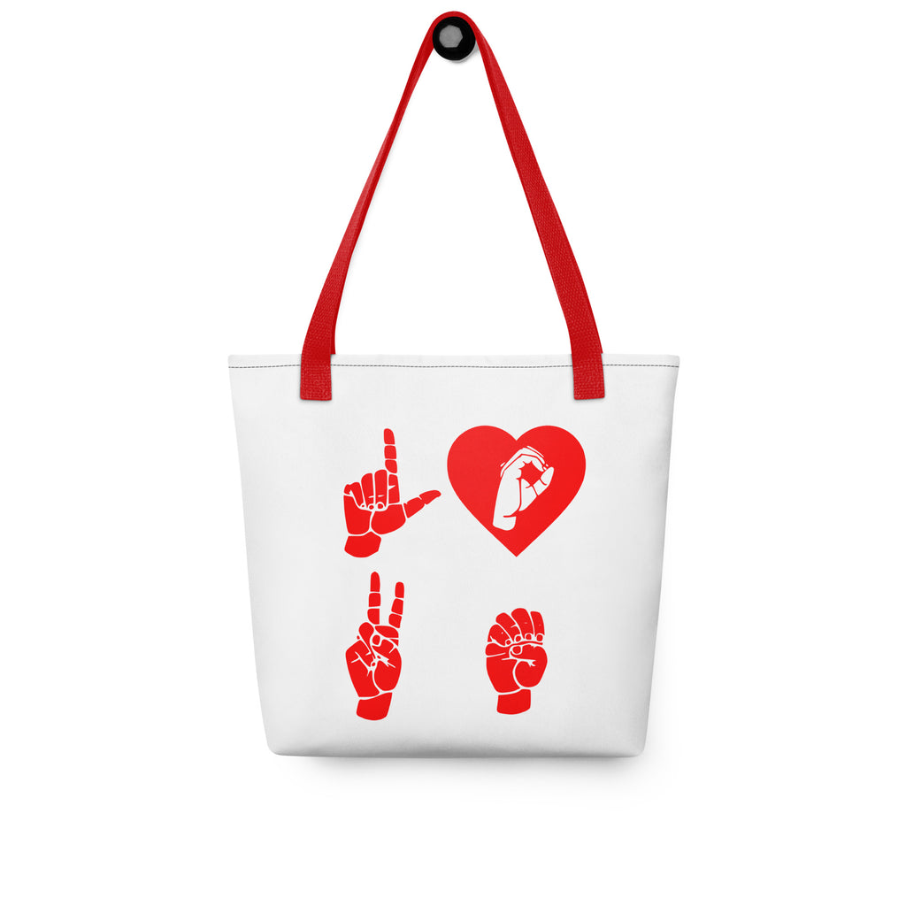 White Tote Bag with red handle showing the word Love in red ASL Fingerspelling with the 'O' embedded in a heart shape