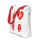 An angled view of a white Tote Bag with red handle showing the word Love in red ASL Fingerspelling with the 'O' embedded in a heart shape