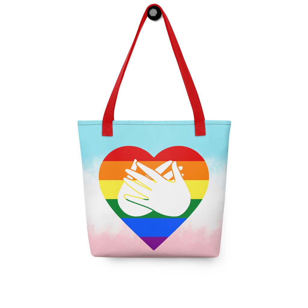 Tote bag with a red handle and a pride heart with the BSL love sign at its centre.
