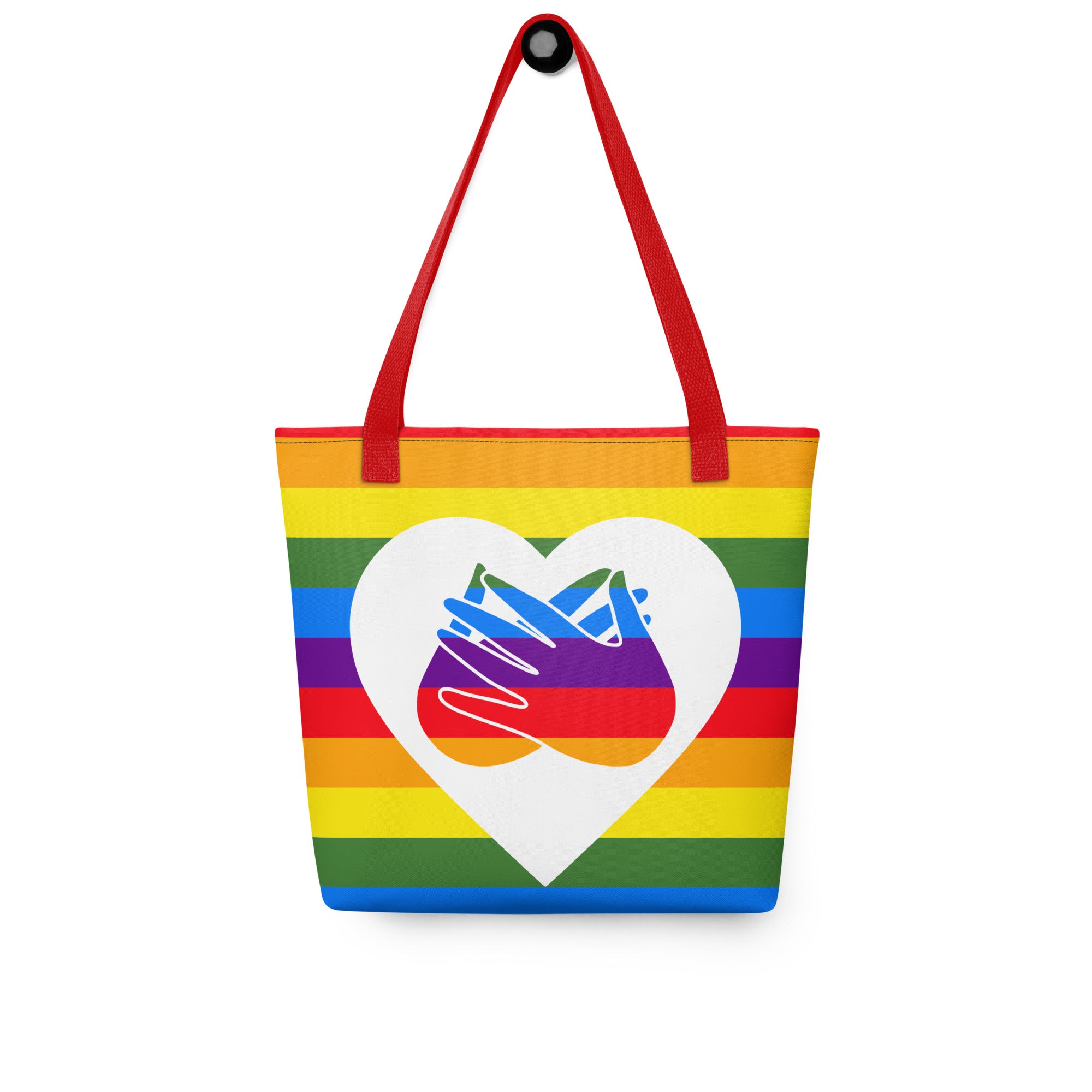Pride rainbow coloured tote bag with a red handle and a white heart with the BSL love sign at its centre.