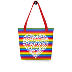 Pride rainbow coloured tote bag with a red handle and a white mosaic design