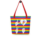 Pride rainbow colored tote bag with a red handle and a word LOVE white ASL fingerspelling design