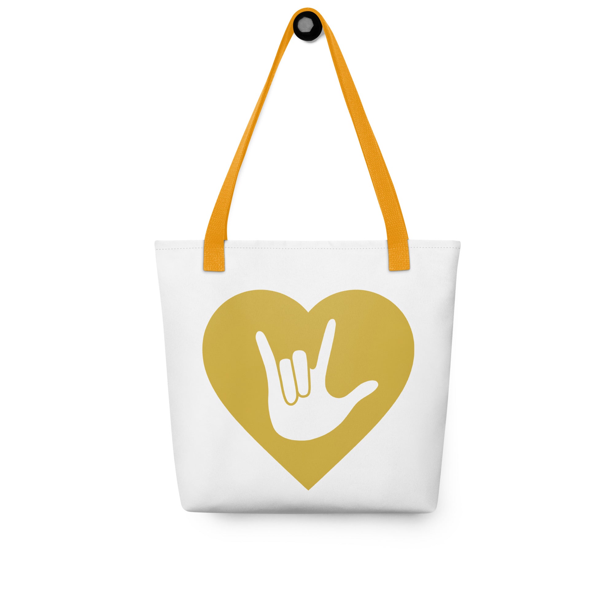 Tote bag with a yellow handle and a gold heart with the ASL I love you sign at its center.