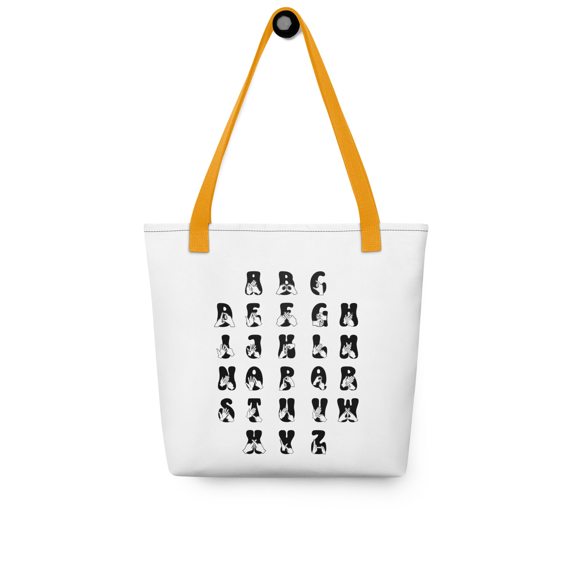 White Tote Bag with a yellow handle showing BSL Alphabet - Black Fingerspelling & Text