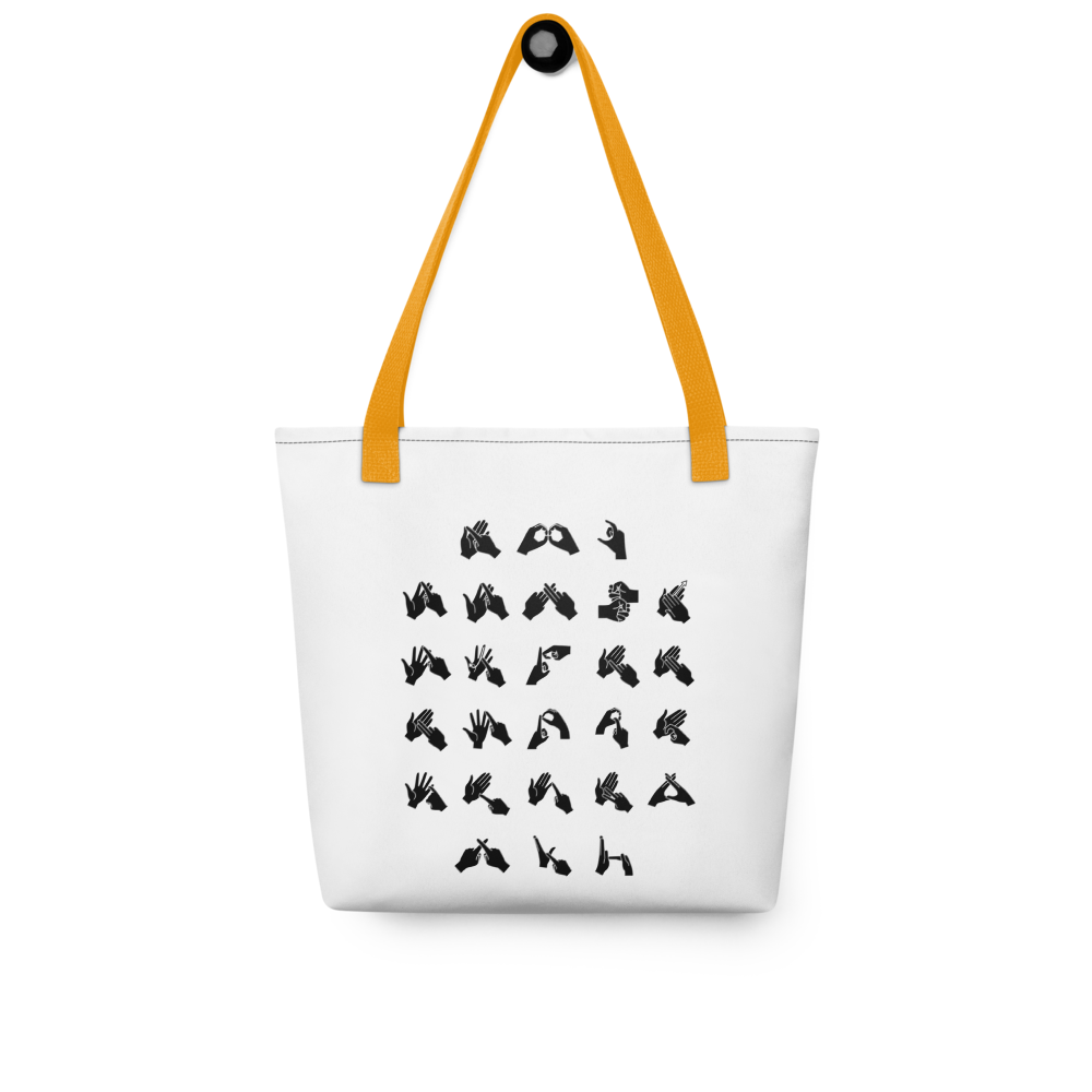 A white Tote Bag with a yellow handle showing BSL Alphabet - Black Fingerspelling