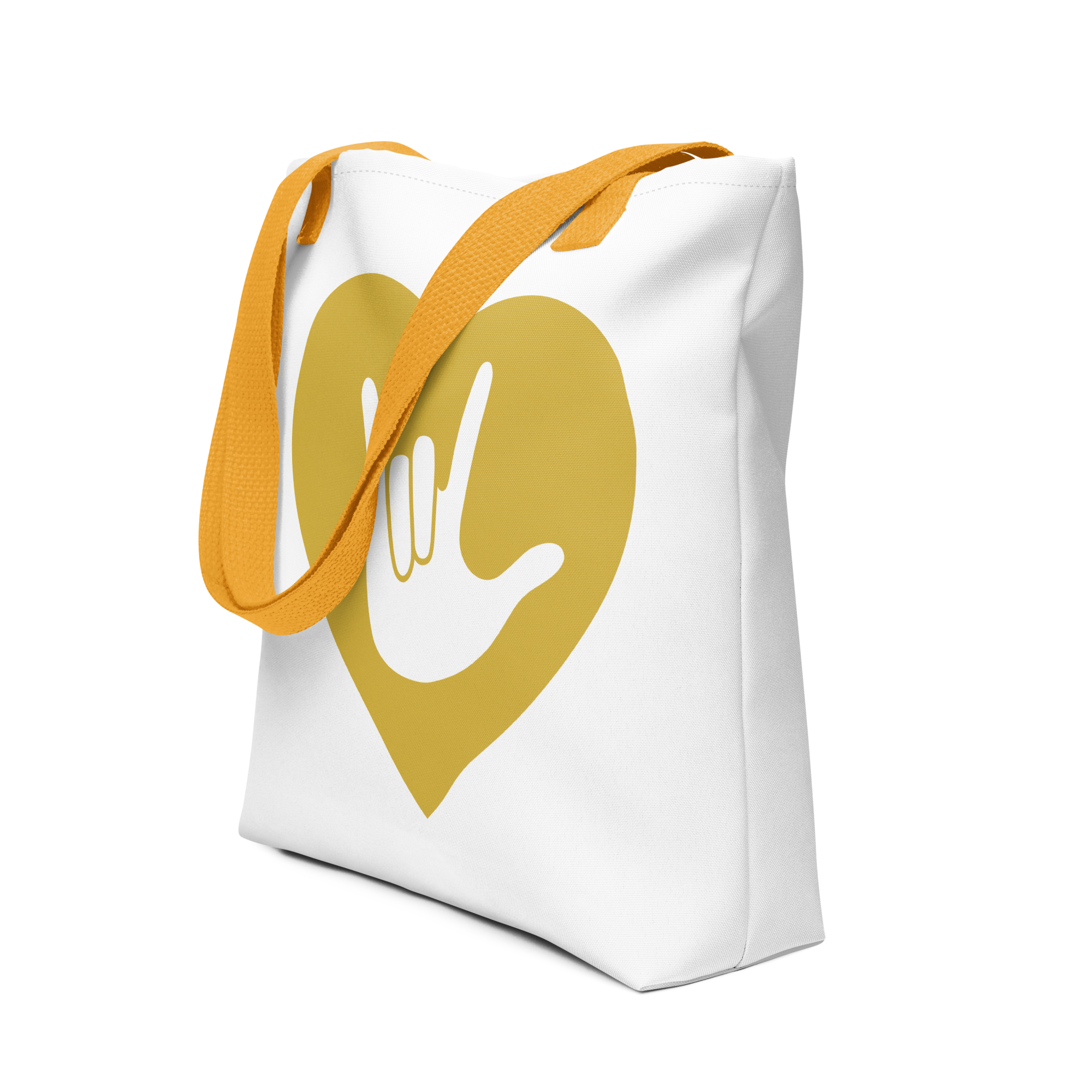 An angled view of a white Tote bag with a yellow handle and a gold heart with the ASL I love you sign at its center.