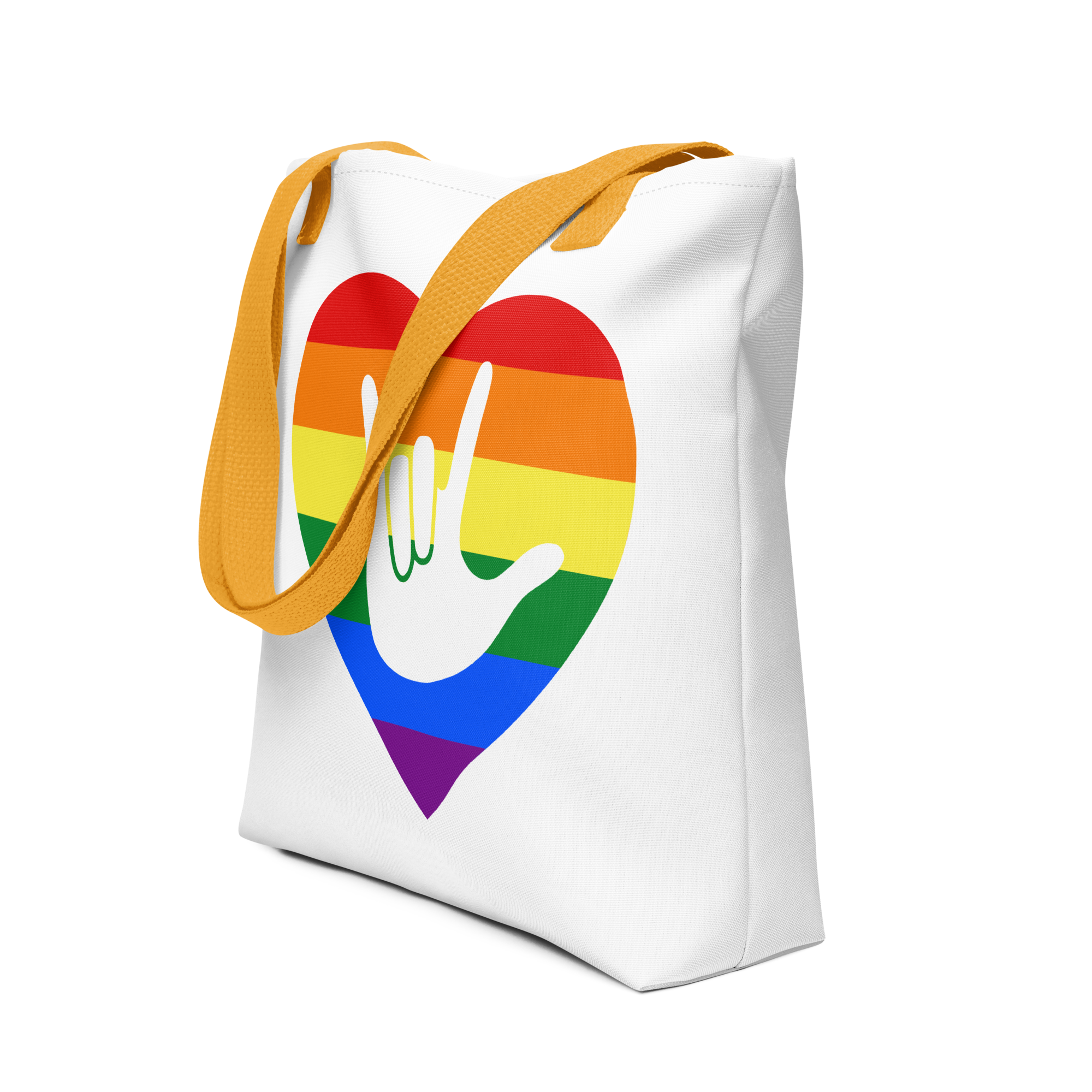 An angled view of a white Tote bag with a yellow handle and a pride heart with the ASL I love you sign at its center.