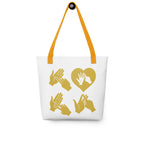 White Tote Bag with yellow handle showing the word Love in gold BSL Fingerspelling with the 'O' embedded in a heart shape