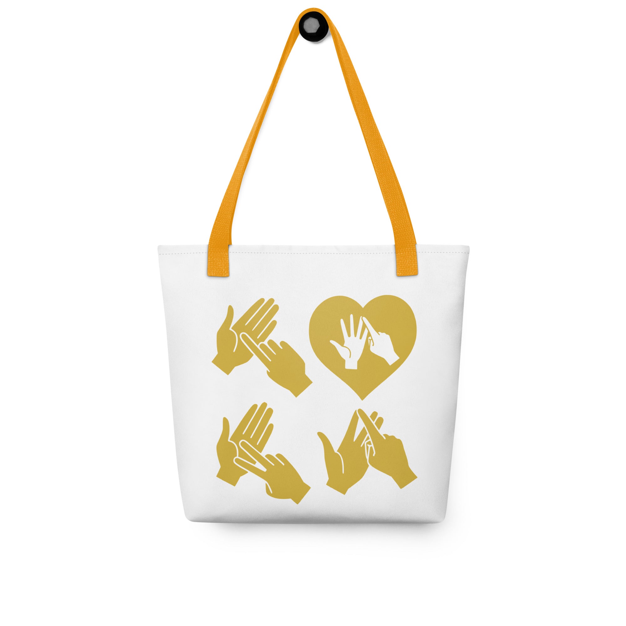 White Tote Bag with yellow handle showing the word Love in gold BSL Fingerspelling with the 'O' embedded in a heart shape