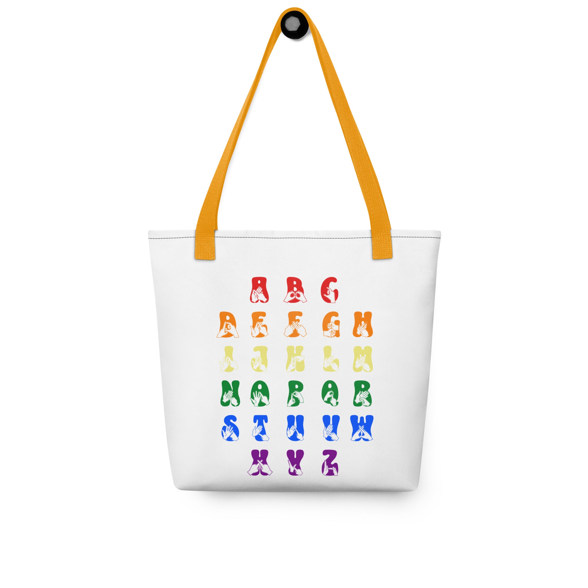 White Tote Bag with yellow handles showing the BSL Alphabet - Pride Fingerspelling & Text