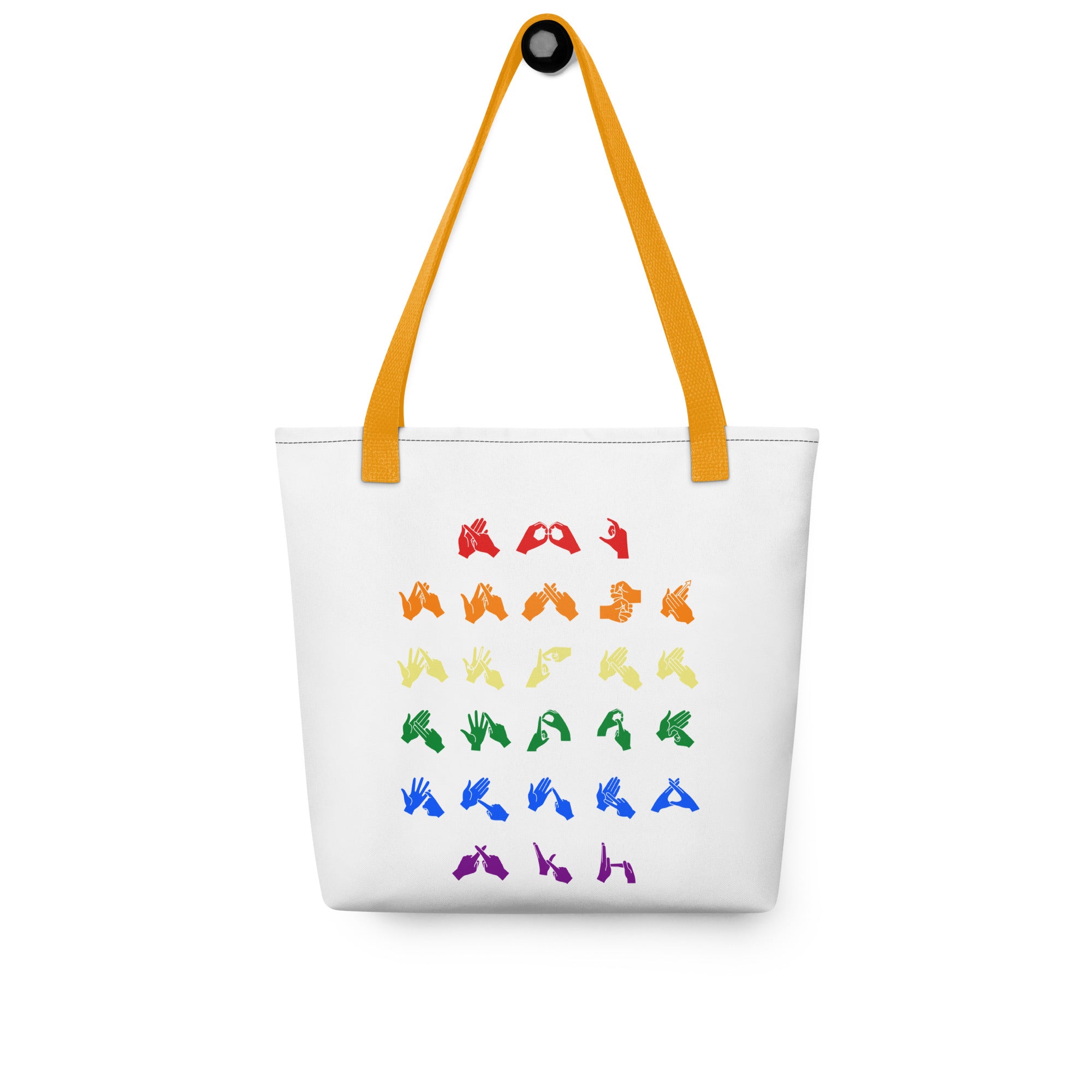 White Tote Bag with yellow handles showing the BSL Alphabet - Pride Fingerspelling