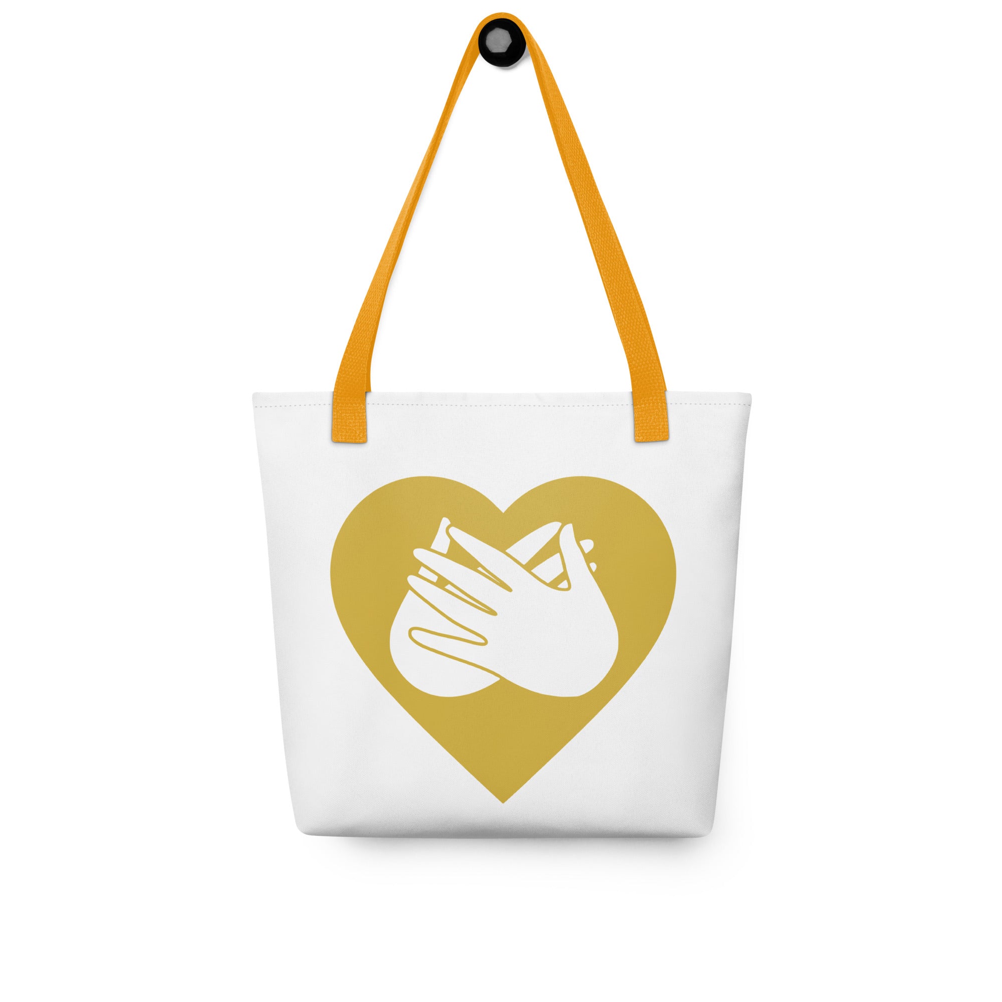 Tote bag with a yellow handle and a gold heart with the BSL love sign at its centre.