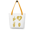 White Tote Bag with yellow handle showing the word Love in black ASL Fingerspelling with the 'O' embedded in a heart shape
