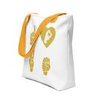 An angled view of a white Tote Bag with yellow handle showing the word Love in gold ASL Fingerspelling with the 'O' embedded in a heart shape