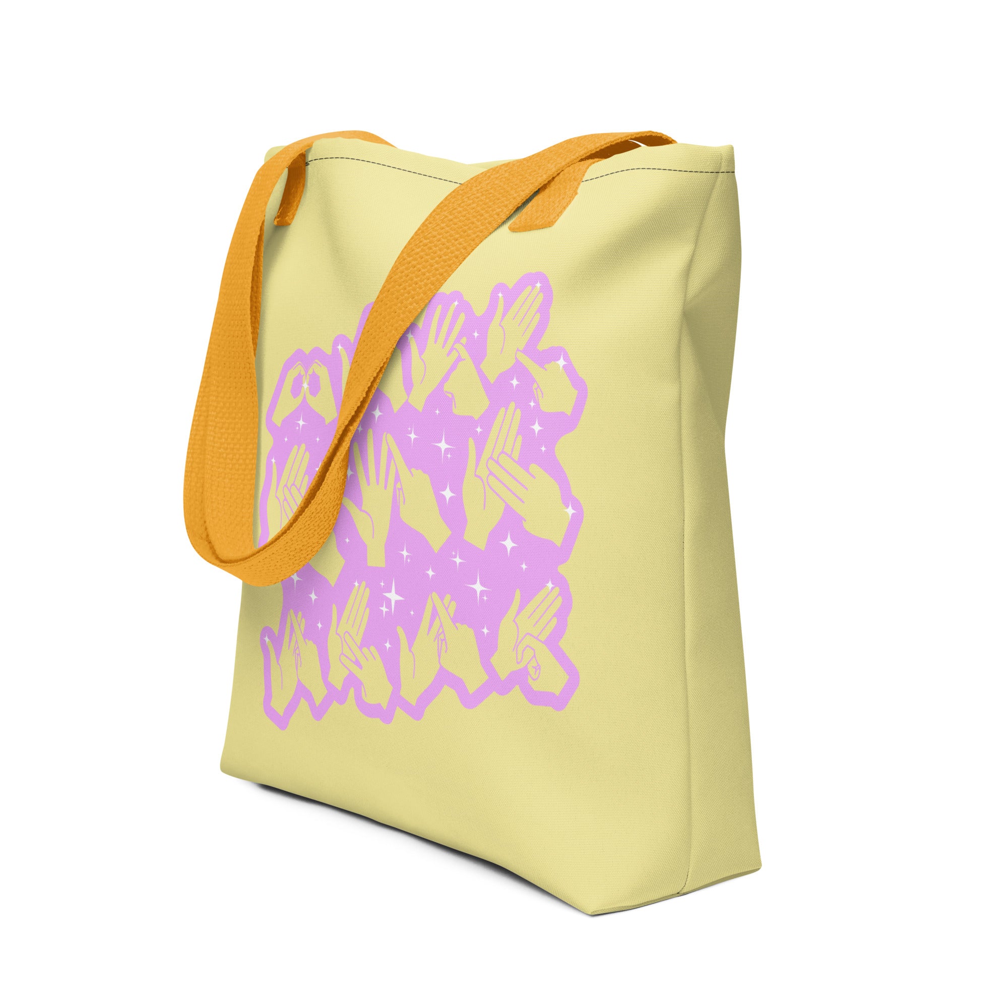 Side view of a Tote Bag with a yellow handle showing a Best Mum Ever BSL fingerspelling design