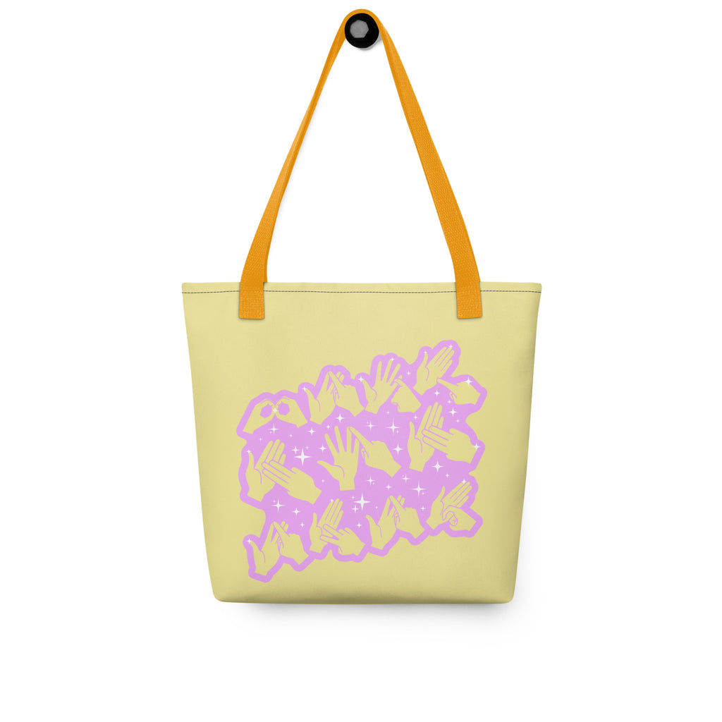 Front view of a Tote Bag with a yellow handle showing a Best Mum Ever BSL fingerspelling design