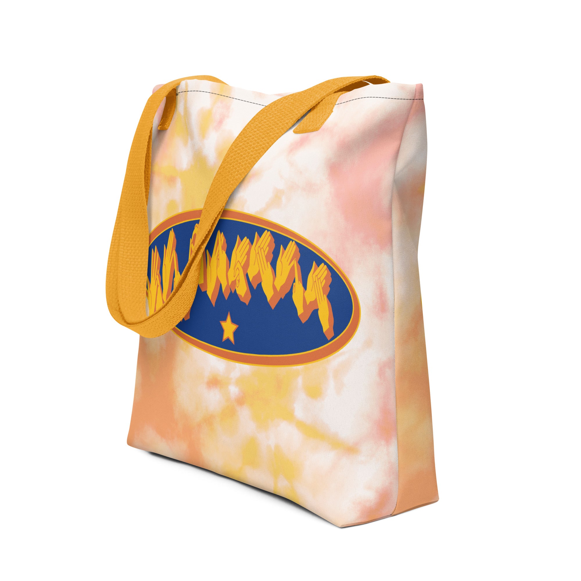 Side view of a Tote Bag with a yellow handle showing a Supermum BSL fingerspelling design